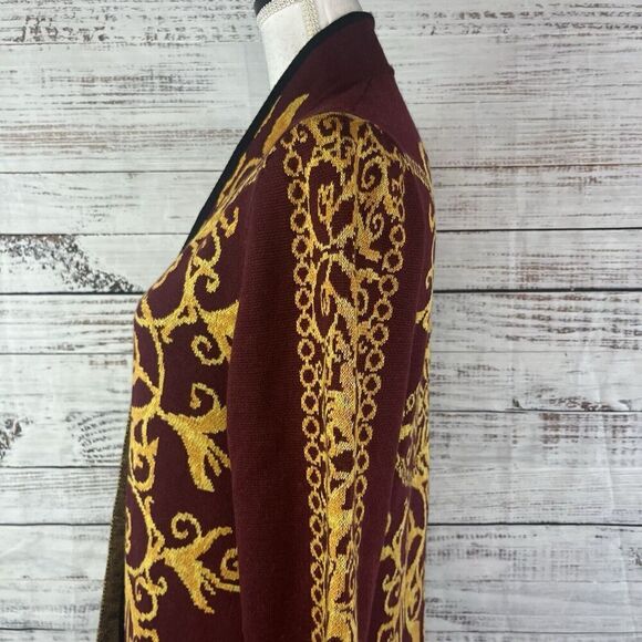 Vertigo Paris Gold Burgundy Motif Wool Open Front Long Cardigan Duster sz Small - Picture 13 of 16